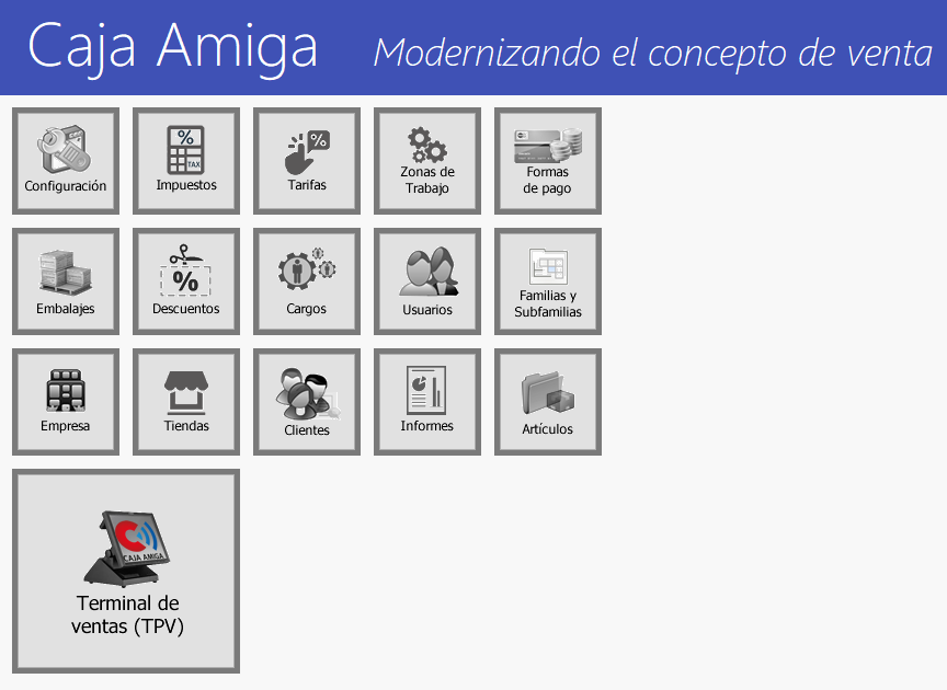 TPV Caja Amiga. Visualización de los módulos operativos