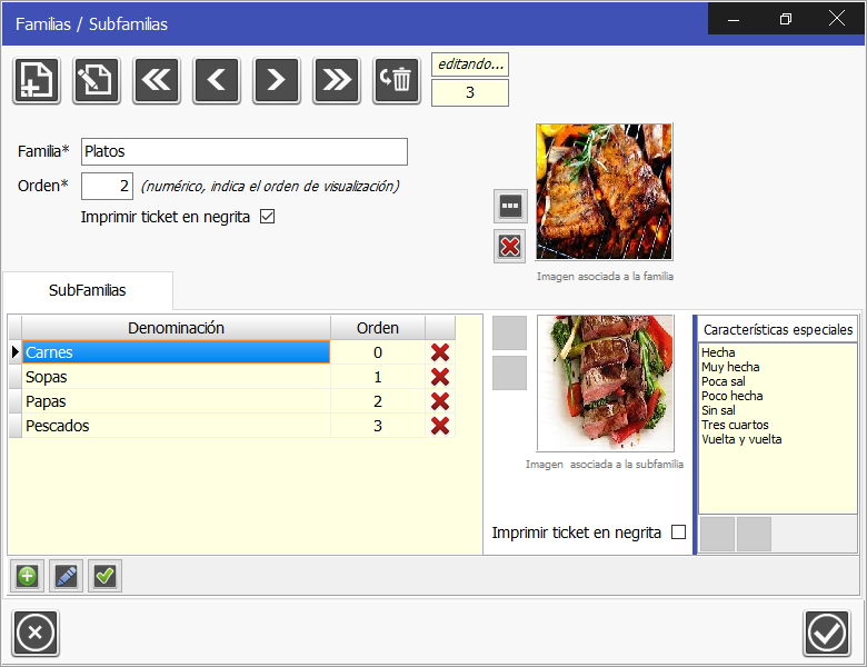 TPV Caja Amiga: Edición de una subfamilia, permite definir el orden de visualización en la TPV y las características especiales